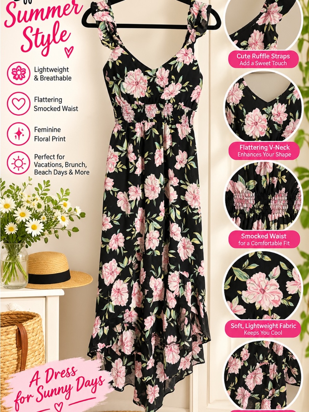 Floral Smocked V-Neck Chemise ā Black with Pink Floral
